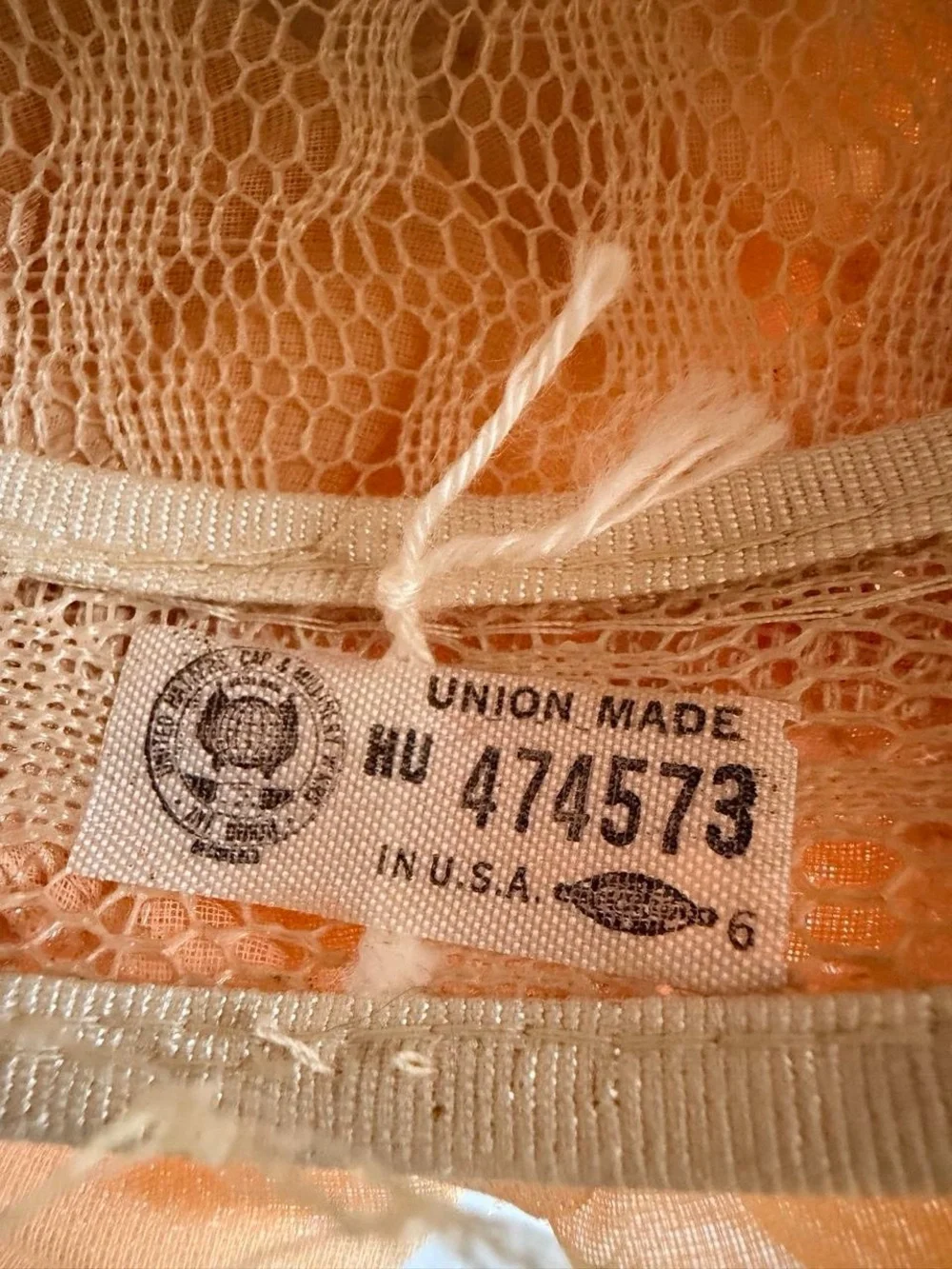 Vintage 1950s Peach Floral Chiffon Pillbox Hat Birdcage Veil Union Tag